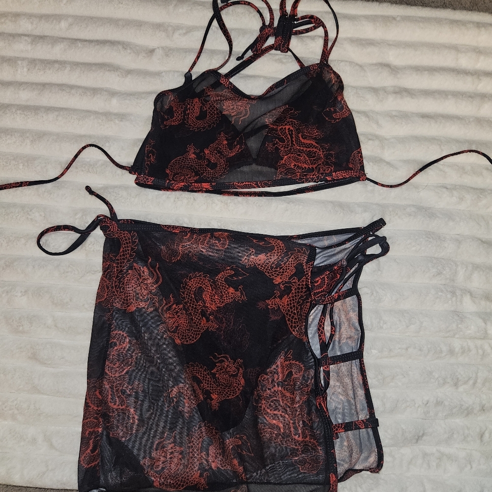 4 Piece Bikini Set With Sheer Skirt And Crop Top